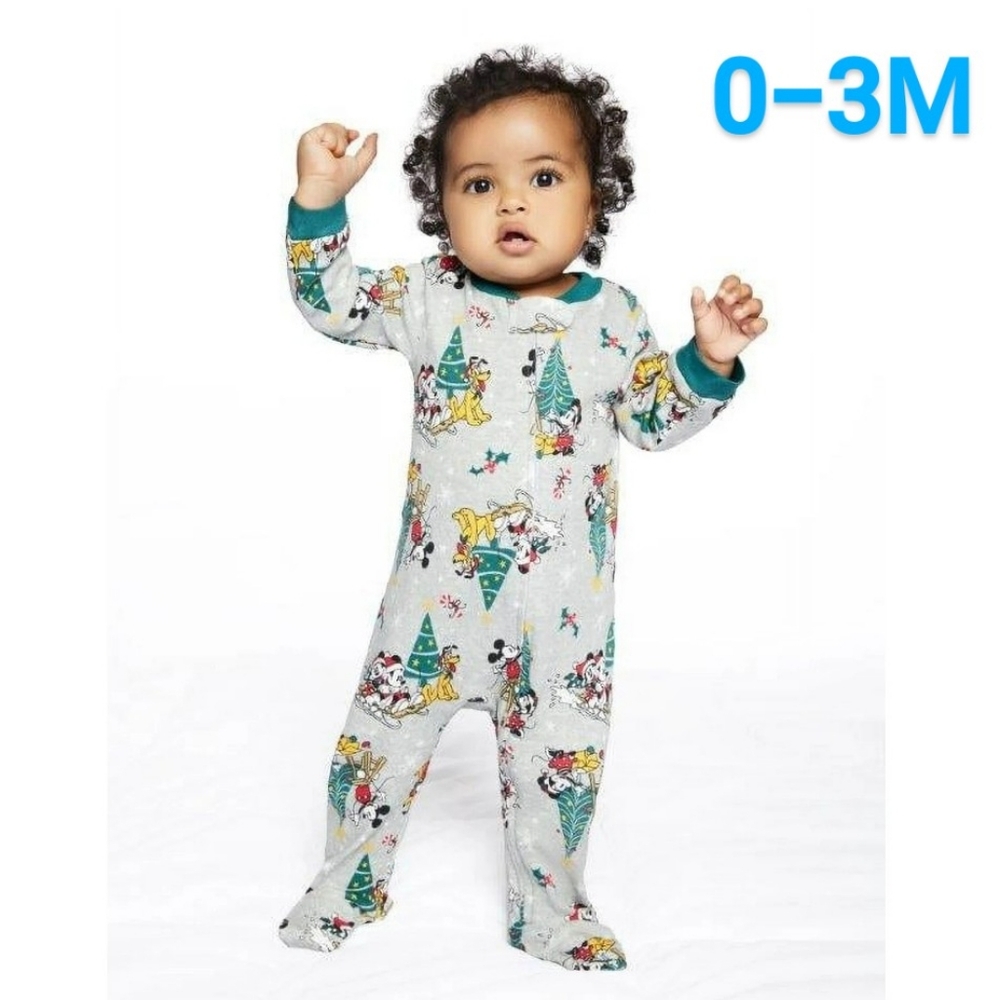 Disney Mickey Minnie Mouse Pluto Christmas Footed Pjs Zip Holiday Infant 0-3M